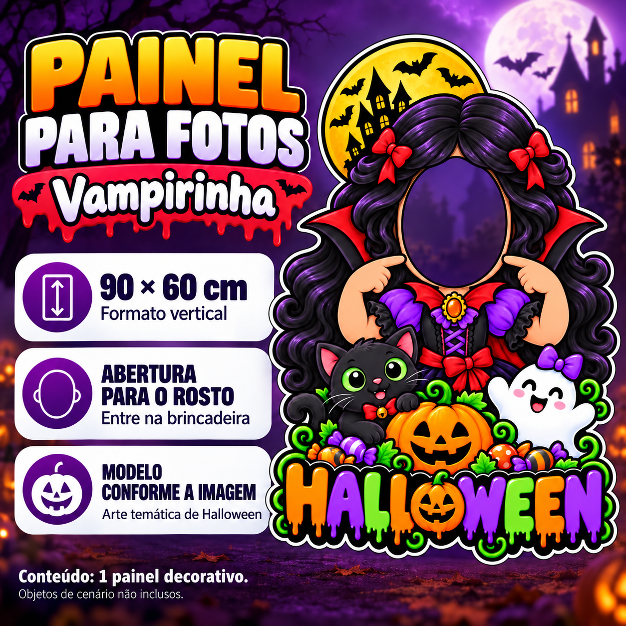 Painel Halloween Vampirinha — Descrição — tamanho ilustrado 90 × 60 cm