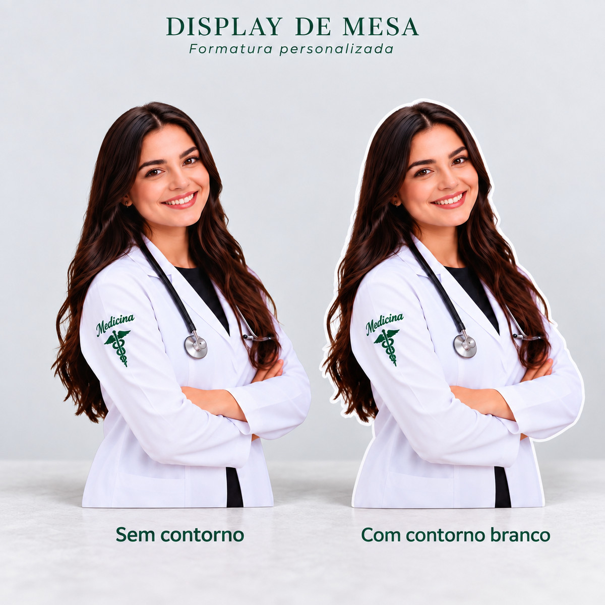 Display de mesa personalizado com foto de formanda, com e sem contorno branco