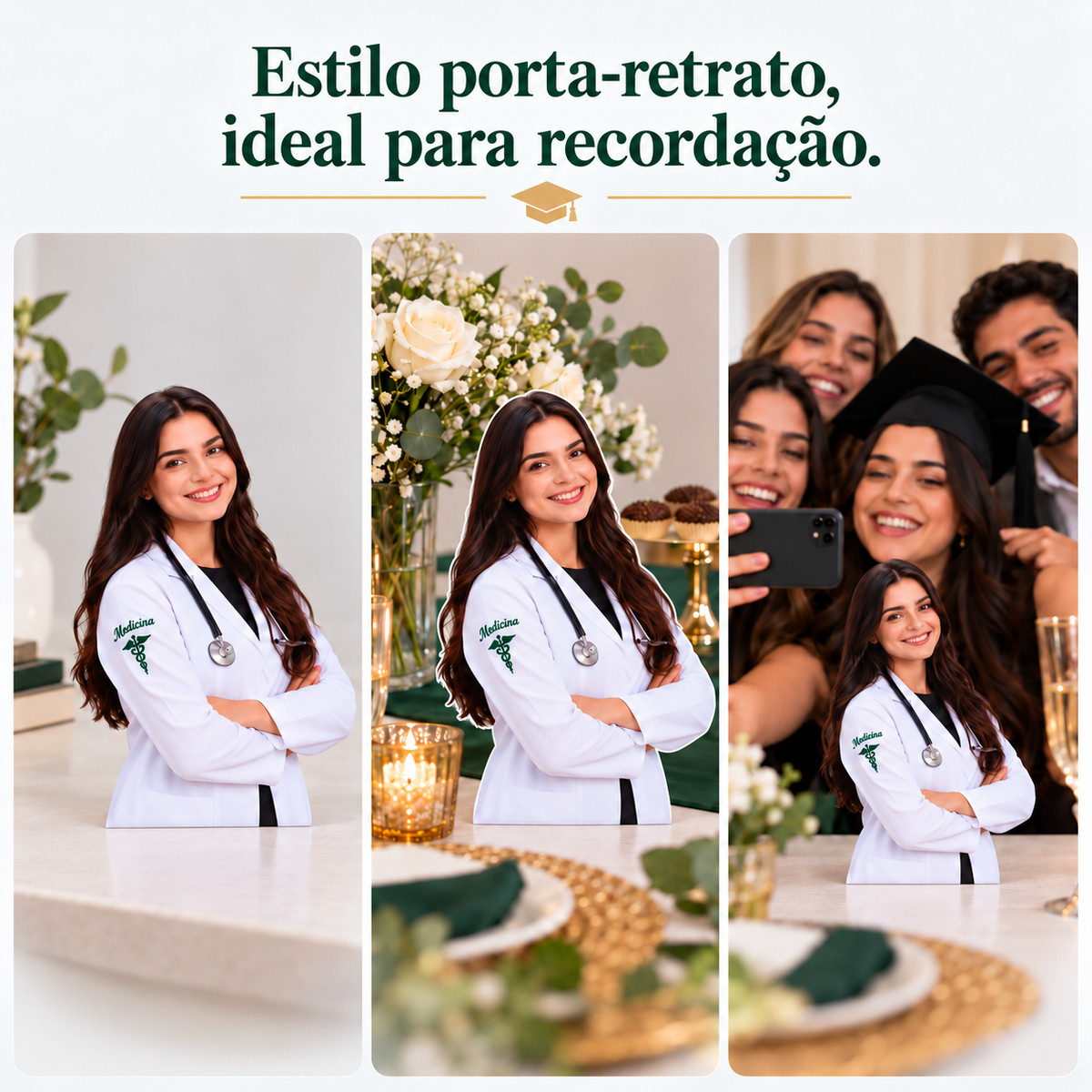 Displays de mesa com foto da formanda em estilo porta-retrato para recordação