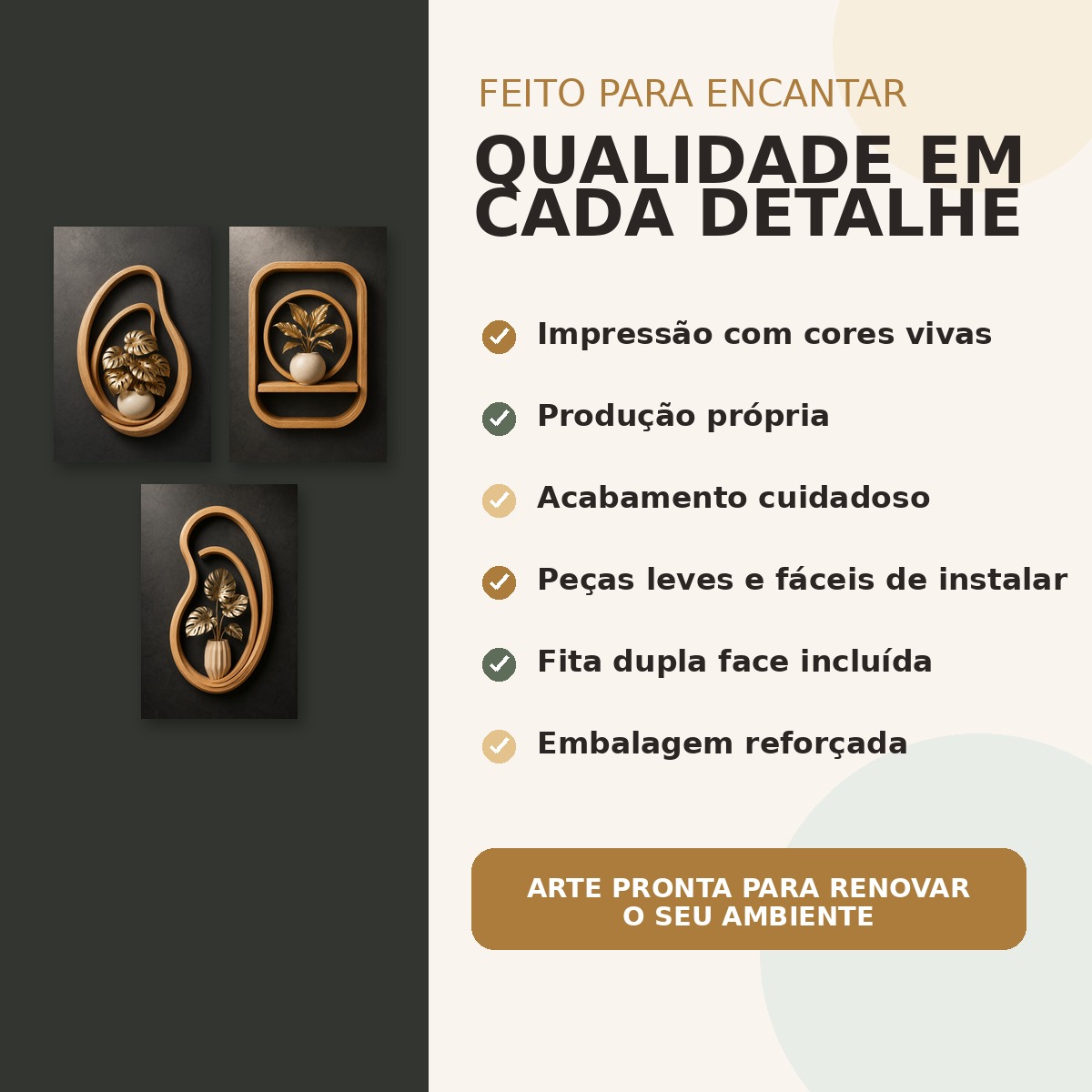 Detalhes de impressão, acabamento e fita dupla face do trio Tropical Dourado