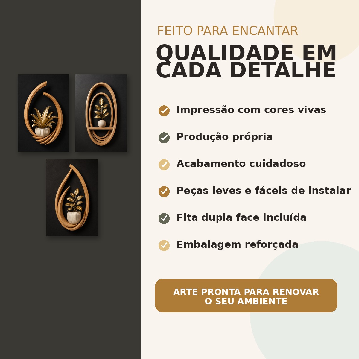 Detalhes de impressão, acabamento e fita dupla face do trio Essência Dourada