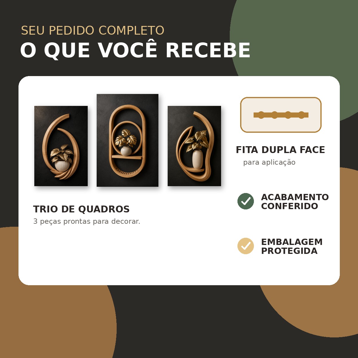 Conteúdo do kit Monstera Imperial: três quadros e fita dupla face