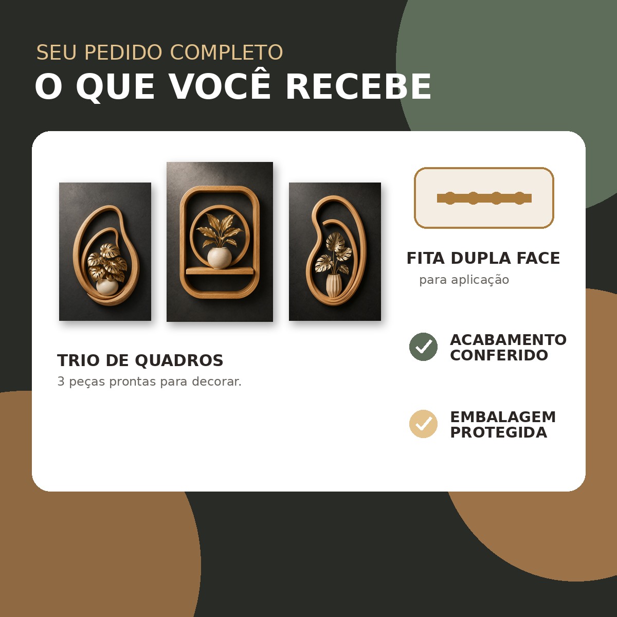 Conteúdo do kit Tropical Dourado: três quadros e fita dupla face