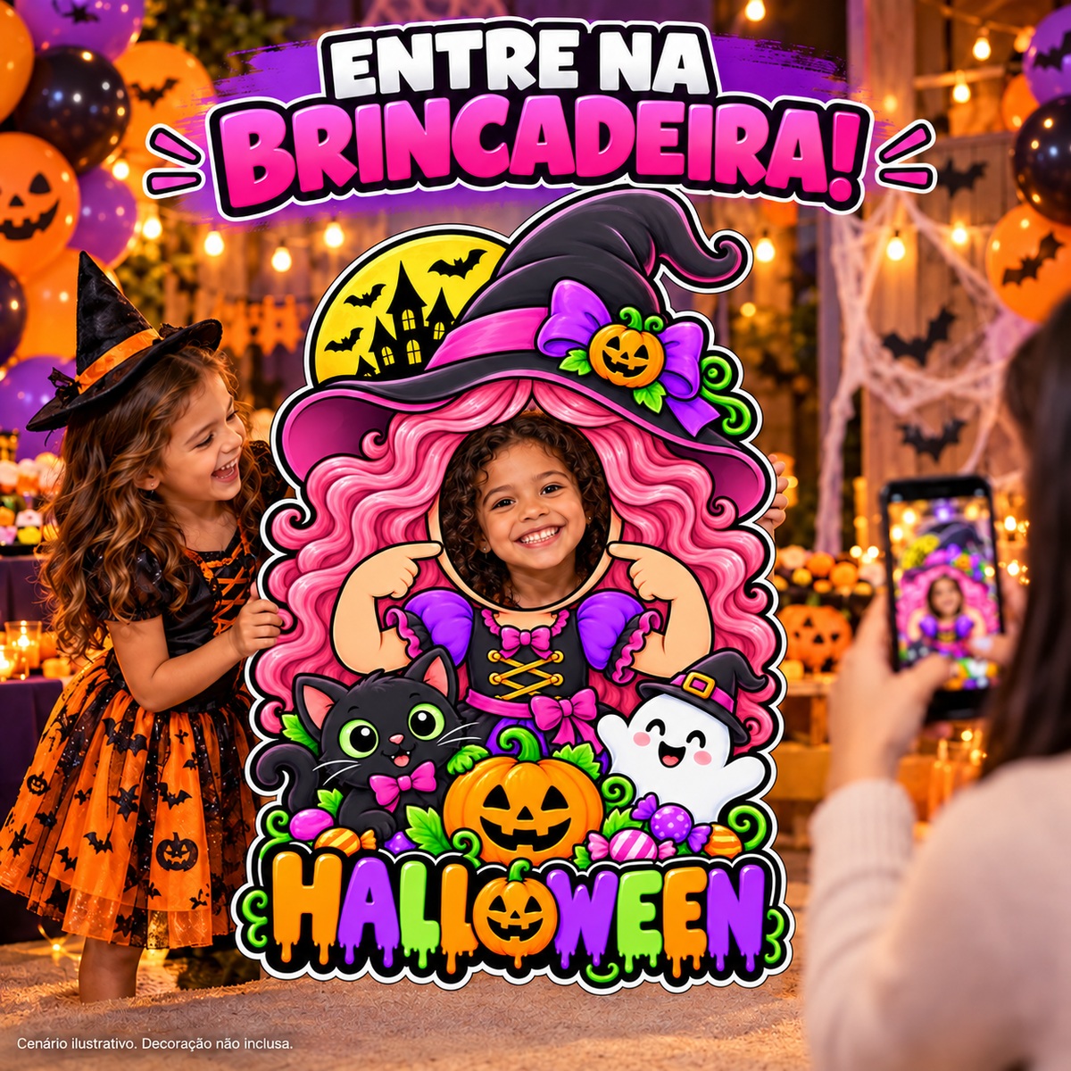 Painel Halloween Bruxinha Rosa — Aplicação
