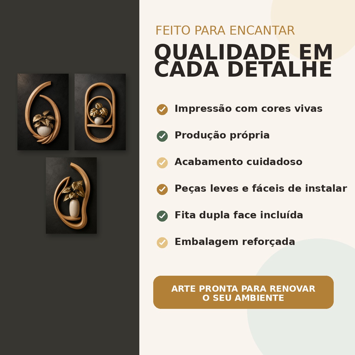 Detalhes de impressão, acabamento e fita dupla face do trio Monstera Imperial