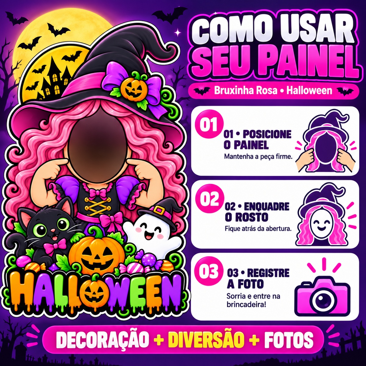 Painel Halloween Bruxinha Rosa — Montagem / como usar