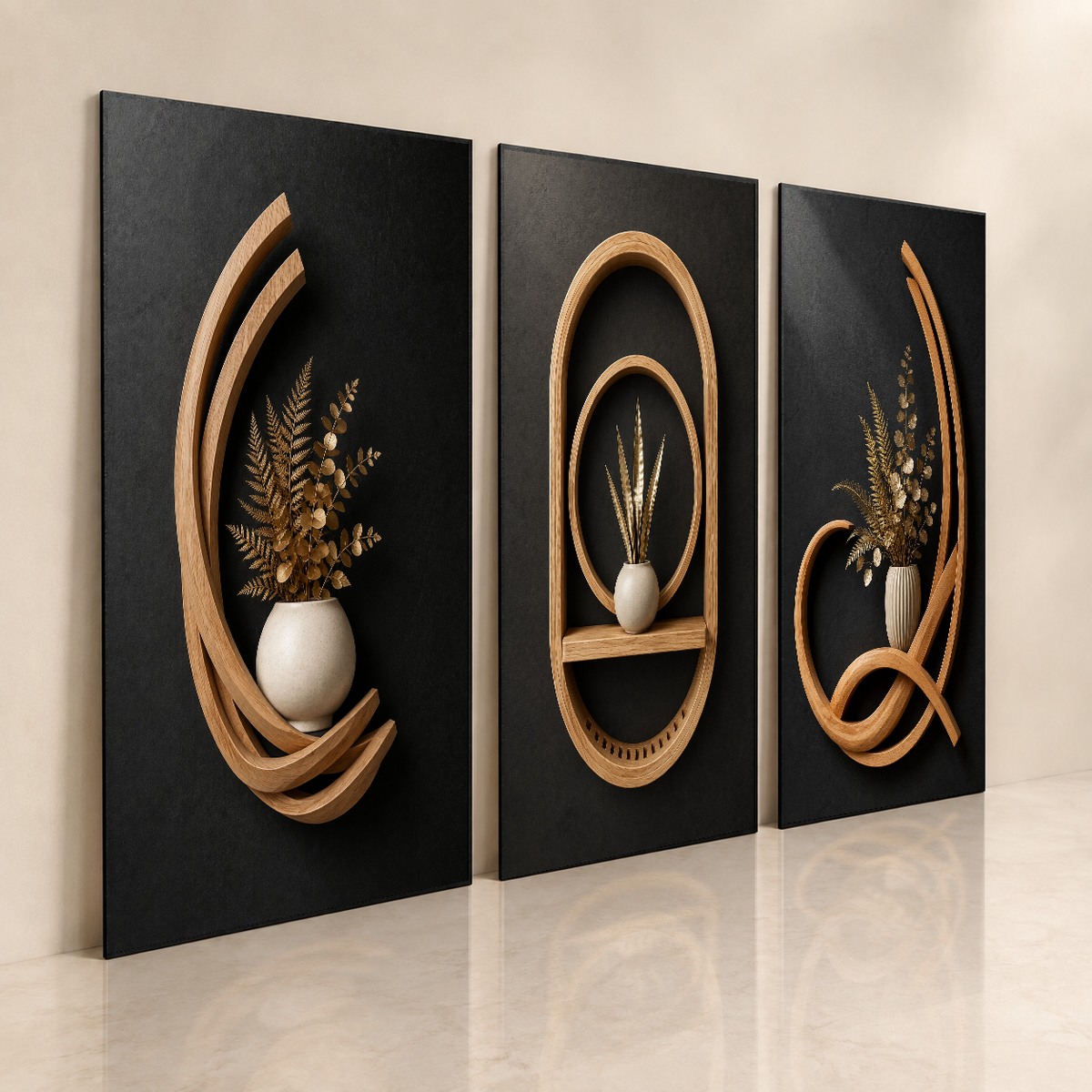 Trio de quadros Jardim Imperial, visão das três peças botânicas