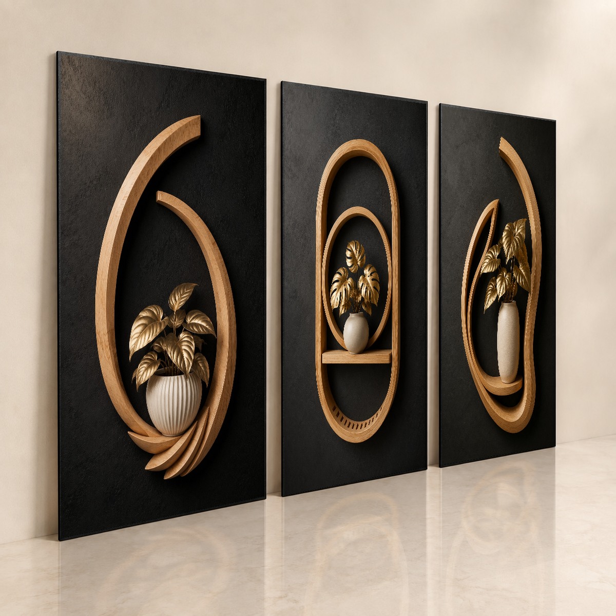 Trio de quadros Monstera Imperial, visão das três peças botânicas