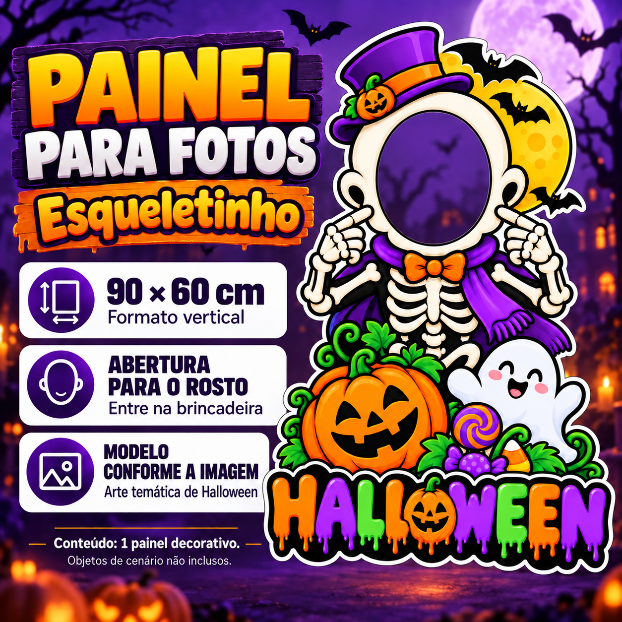 Painel Halloween Esqueletinho — Descrição — tamanho ilustrado 90 × 60 cm