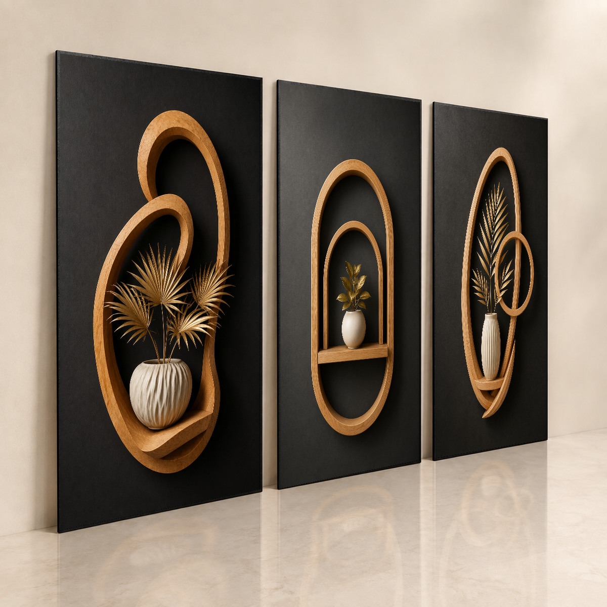 Trio de quadros Oásis Dourado, visão das três peças botânicas
