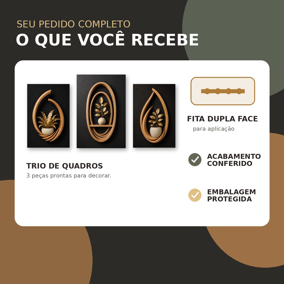 Conteúdo do kit Essência Dourada: três quadros e fita dupla face