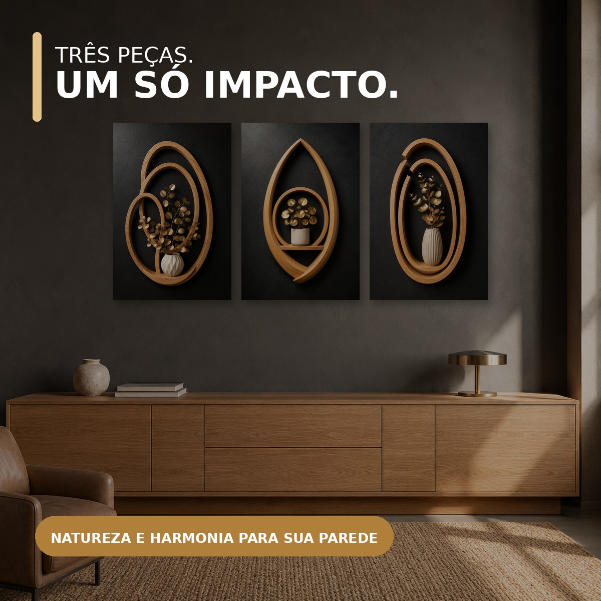 Três quadros Harmonia Dourada com destaque para as cores da arte
