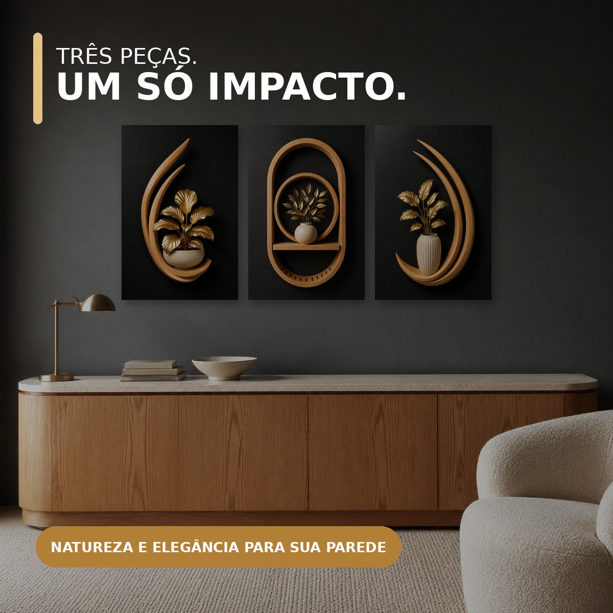 Três quadros Refúgio Dourado com destaque para as cores da arte