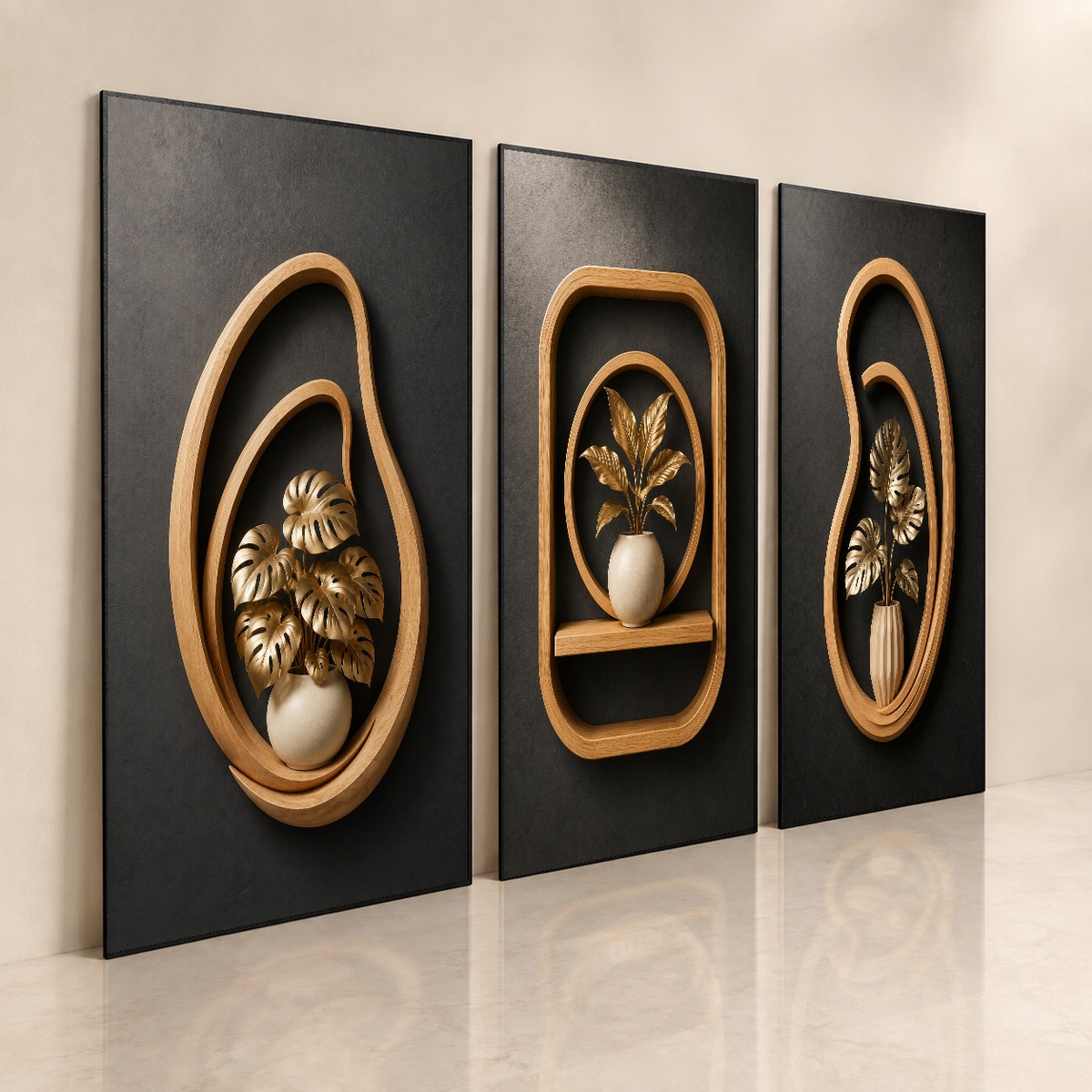 Trio de quadros Tropical Dourado, visão das três peças botânicas