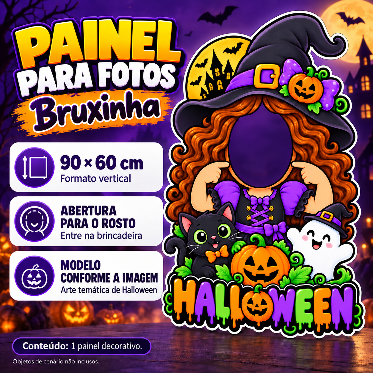 Painel Halloween Bruxinha — Descrição — tamanho ilustrado 90 × 60 cm