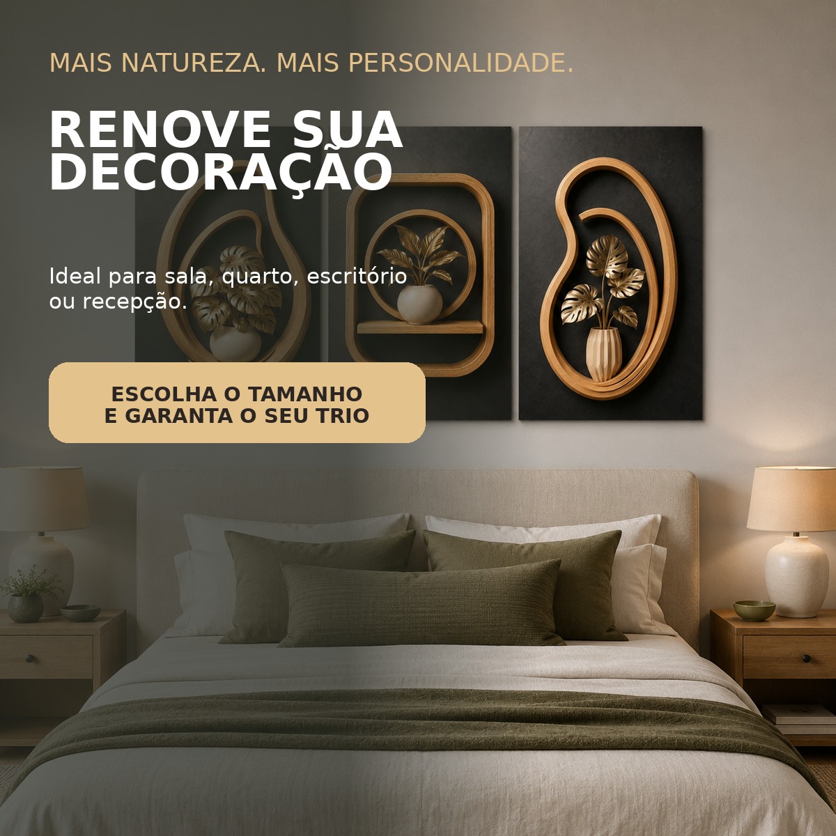 Trio Tropical Dourado decorando um ambiente, escolha o tamanho