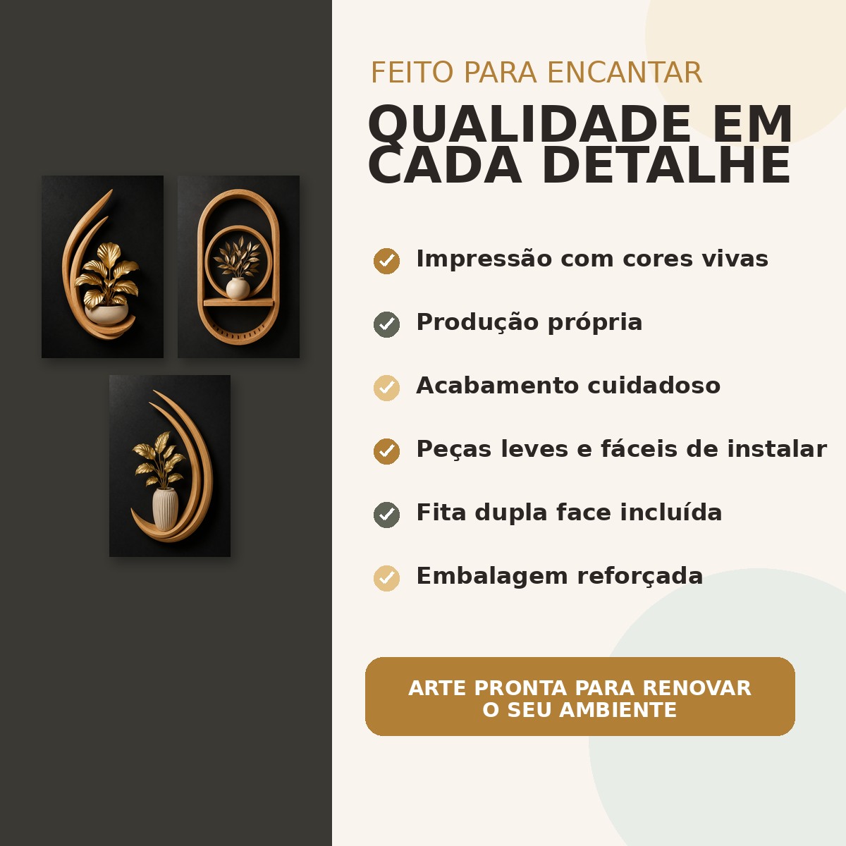 Detalhes de impressão, acabamento e fita dupla face do trio Refúgio Dourado