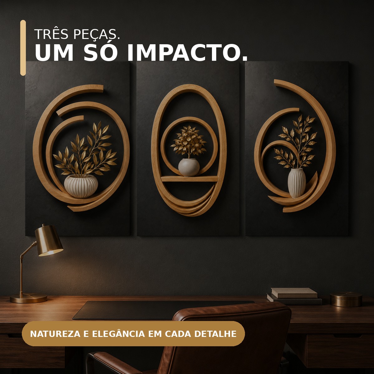 Três quadros Bosque Dourado com destaque para as cores da arte