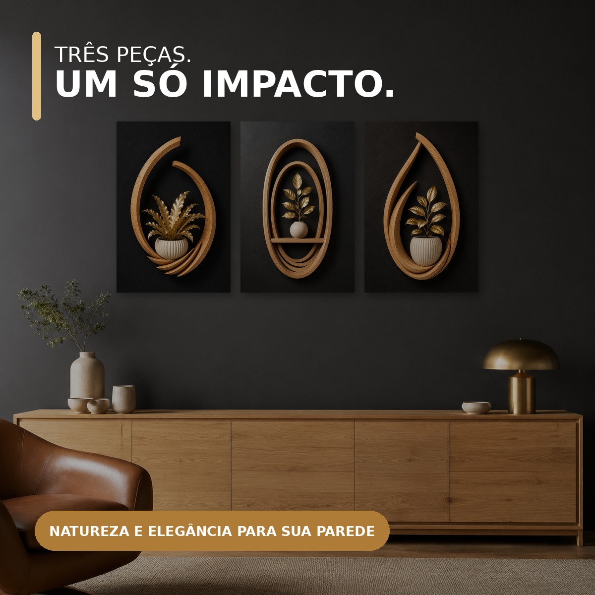 Três quadros Essência Dourada com destaque para as cores da arte