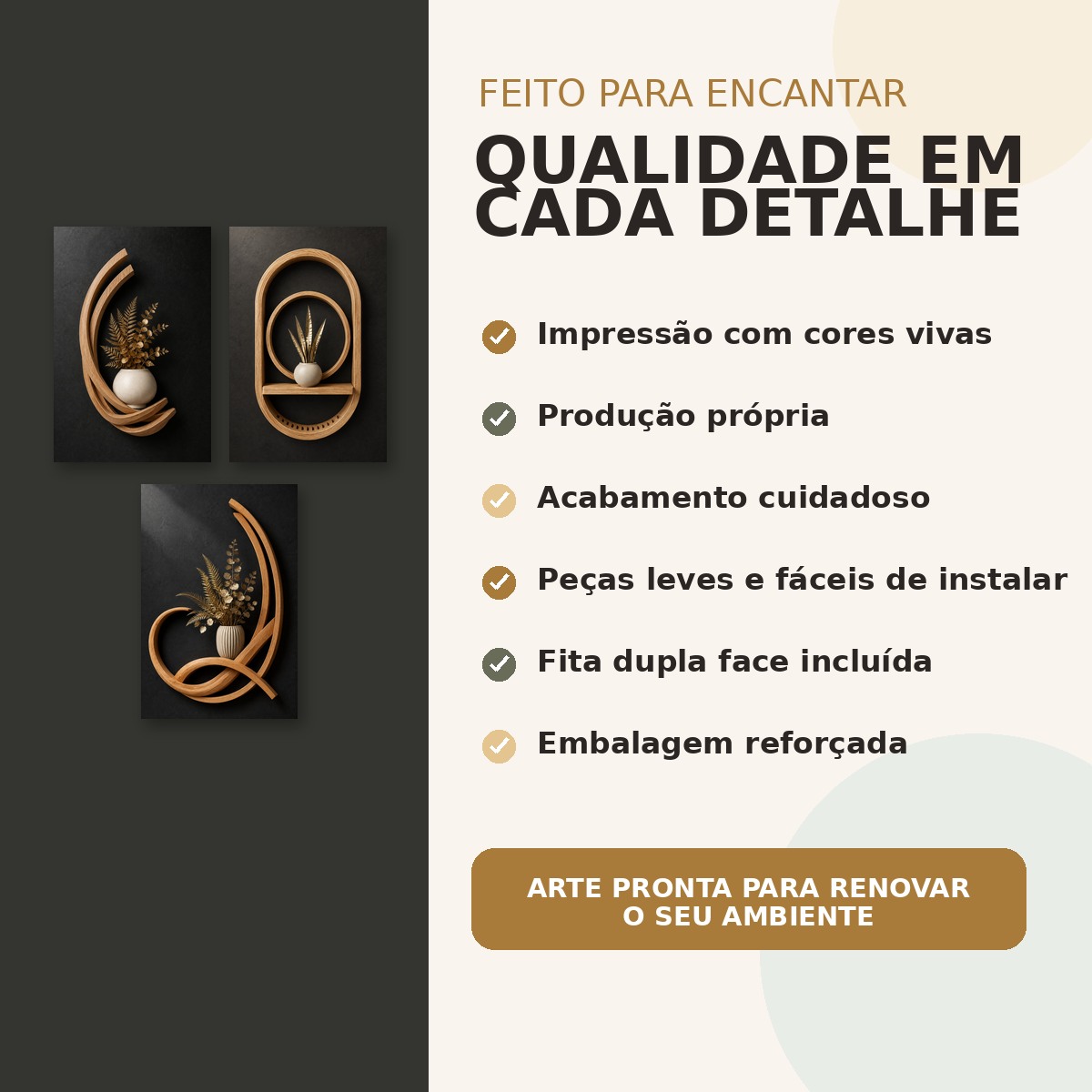 Detalhes de impressão, acabamento e fita dupla face do trio Jardim Imperial