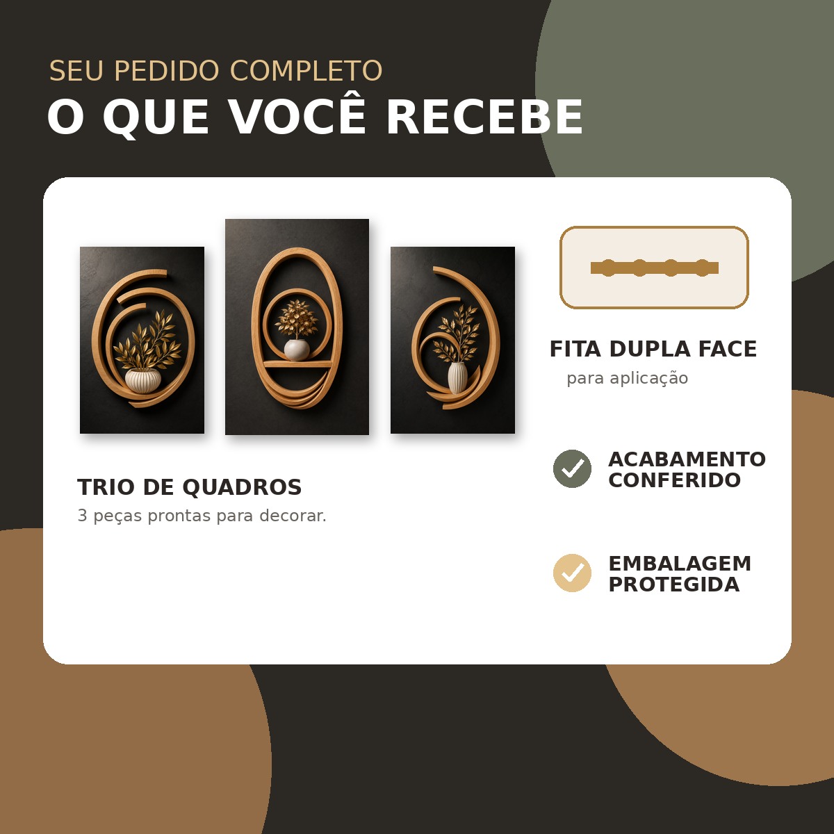 Conteúdo do kit Bosque Dourado: três quadros e fita dupla face