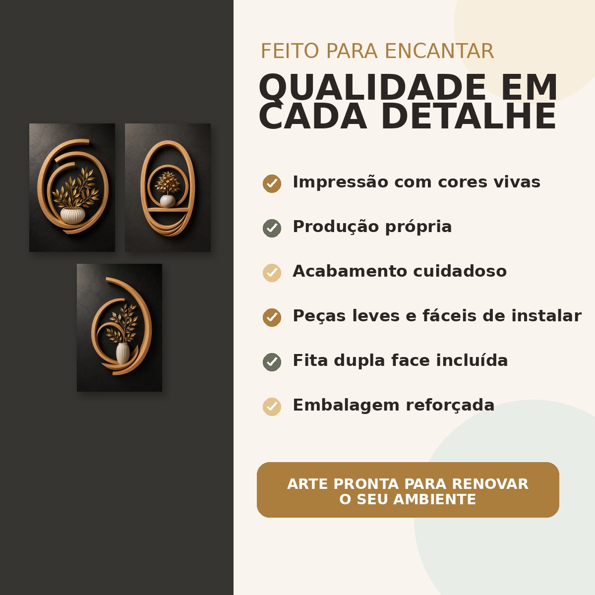 Detalhes de impressão, acabamento e fita dupla face do trio Bosque Dourado