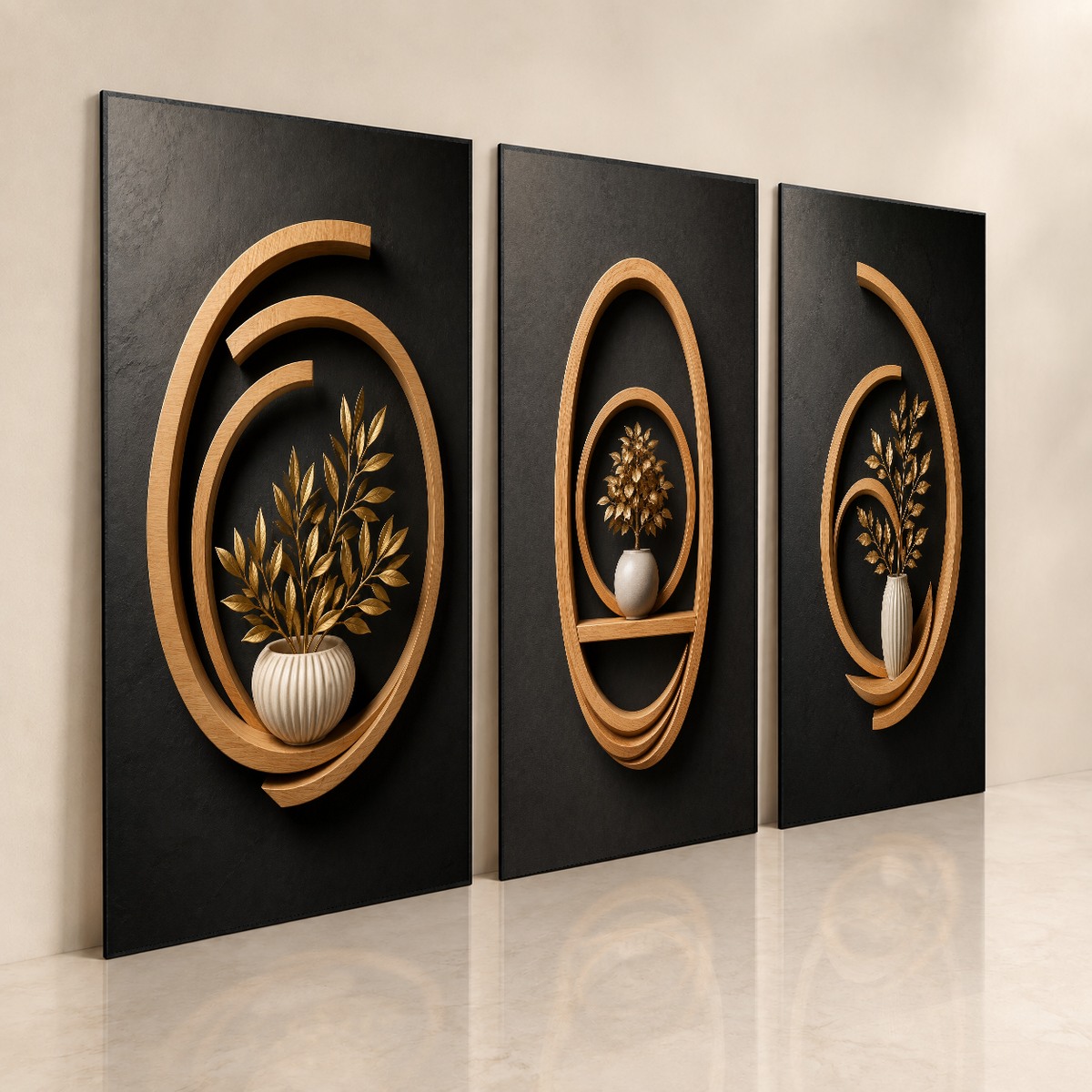 Trio de quadros Bosque Dourado, visão das três peças botânicas