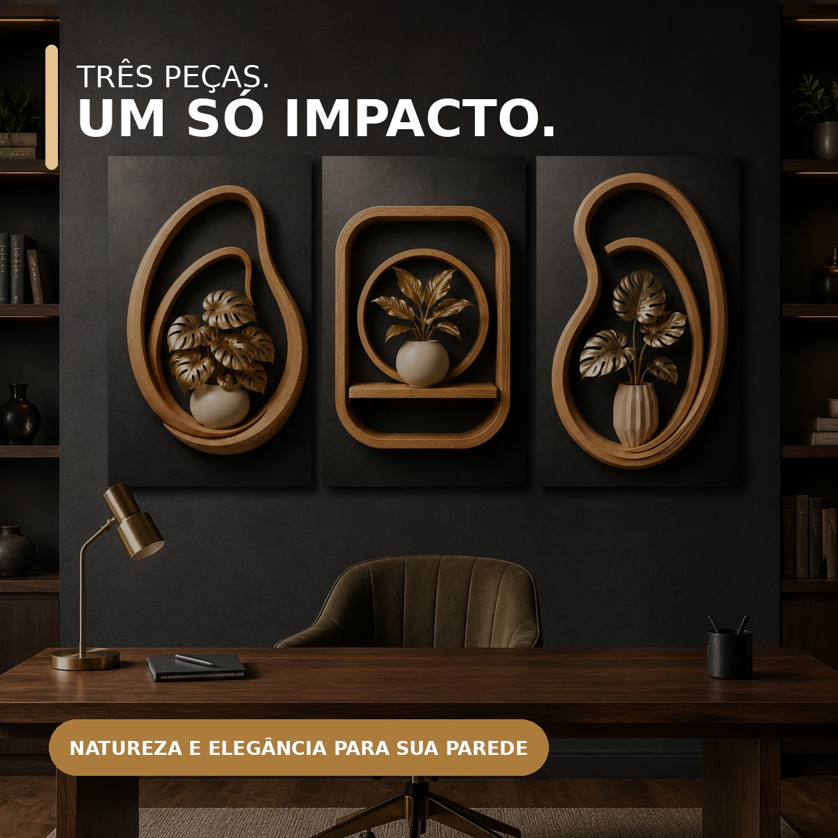 Três quadros Tropical Dourado com destaque para as cores da arte