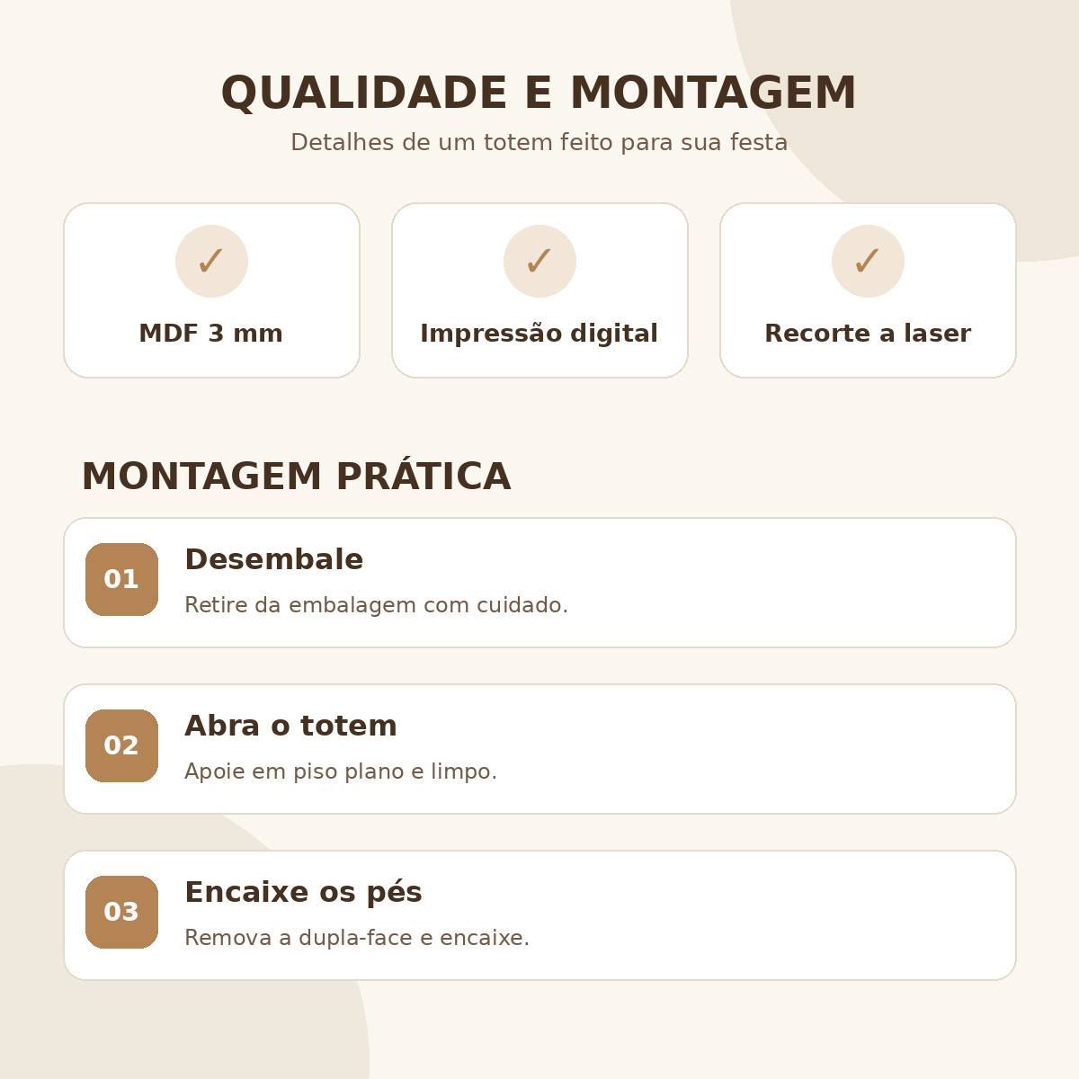 Qualidade do MDF 3 mm, impressão digital, recorte a laser e etapas de montagem do totem