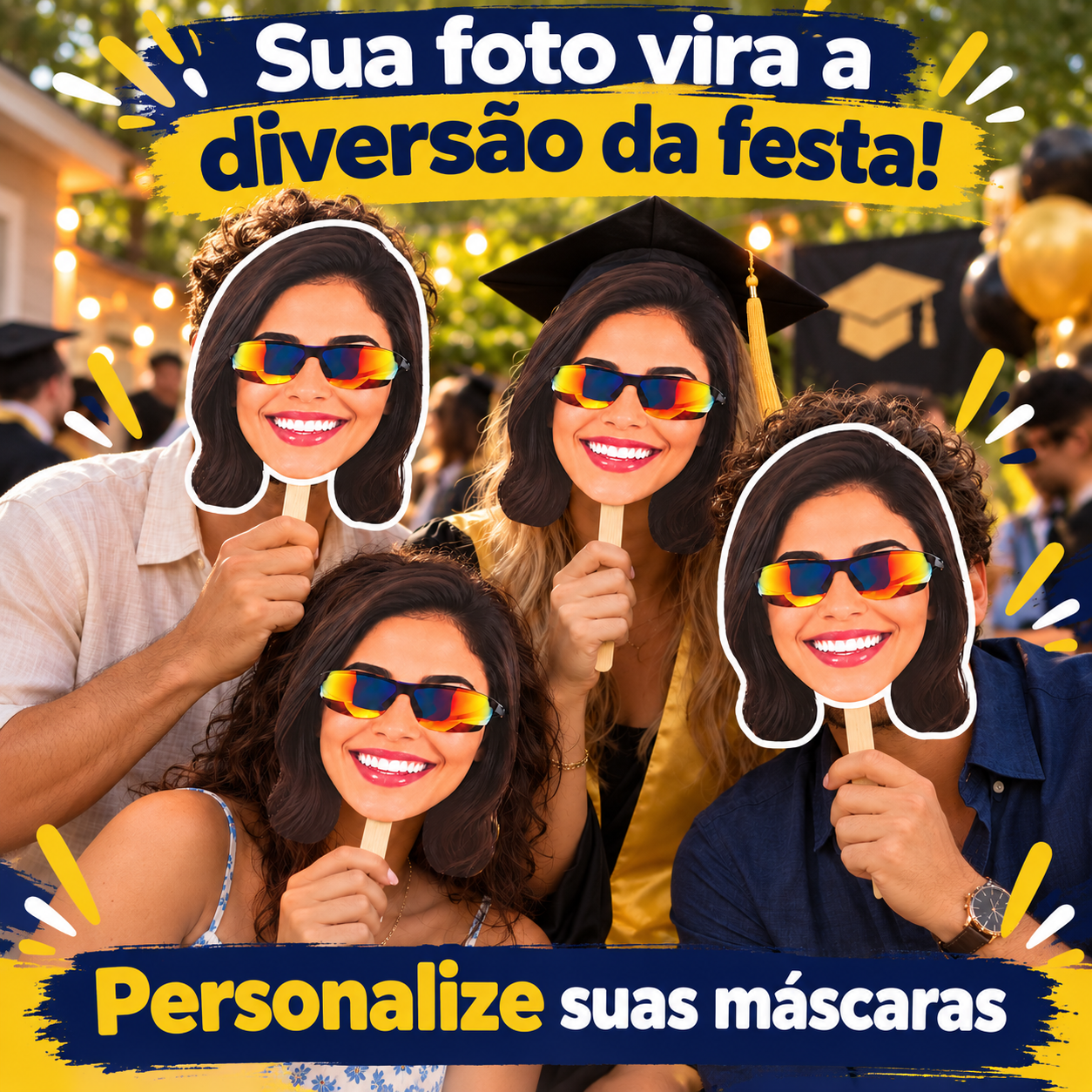 Máscaras personalizadas com foto, haste de madeira e opções com e sem borda branca