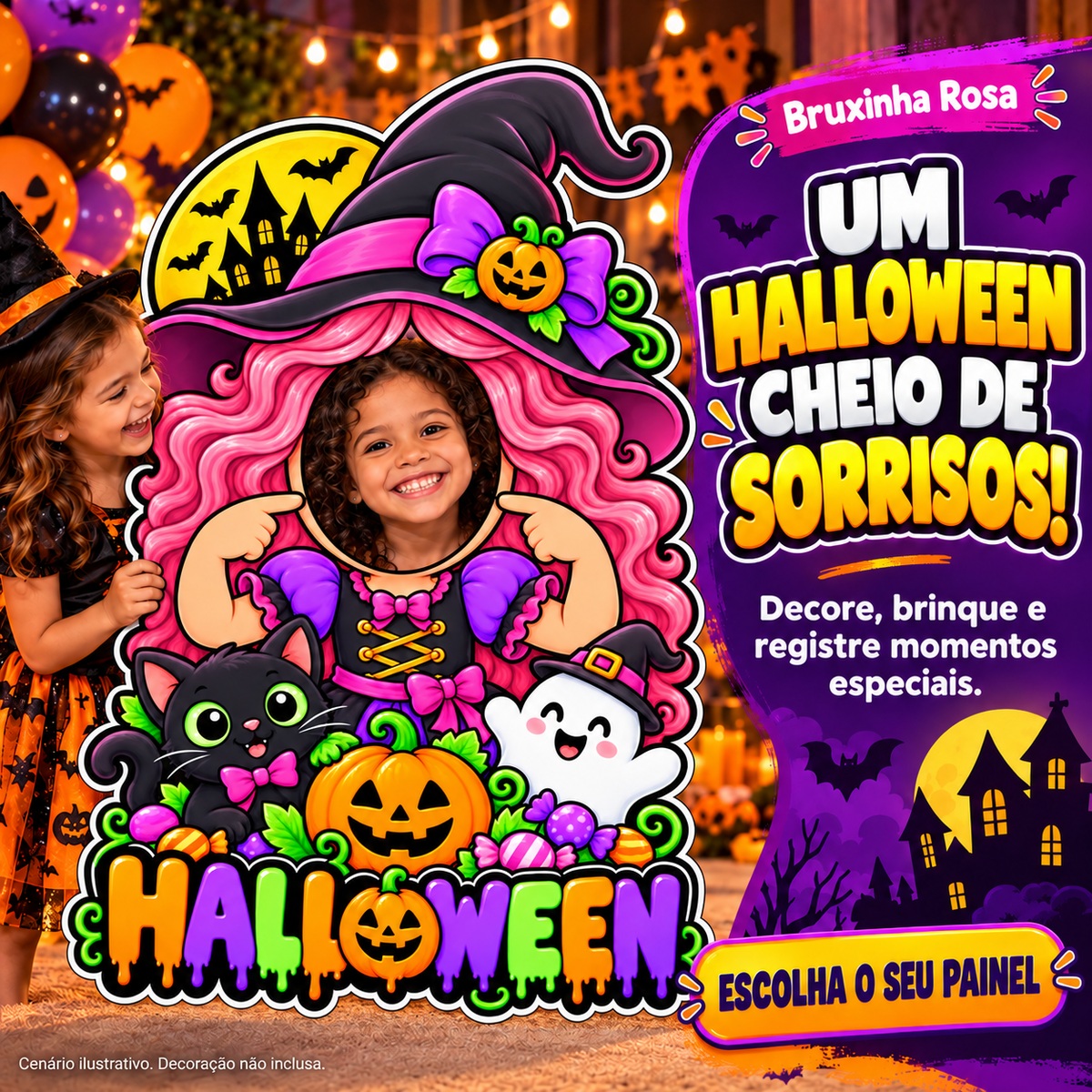 Painel Halloween Bruxinha Rosa — Chamada para ação