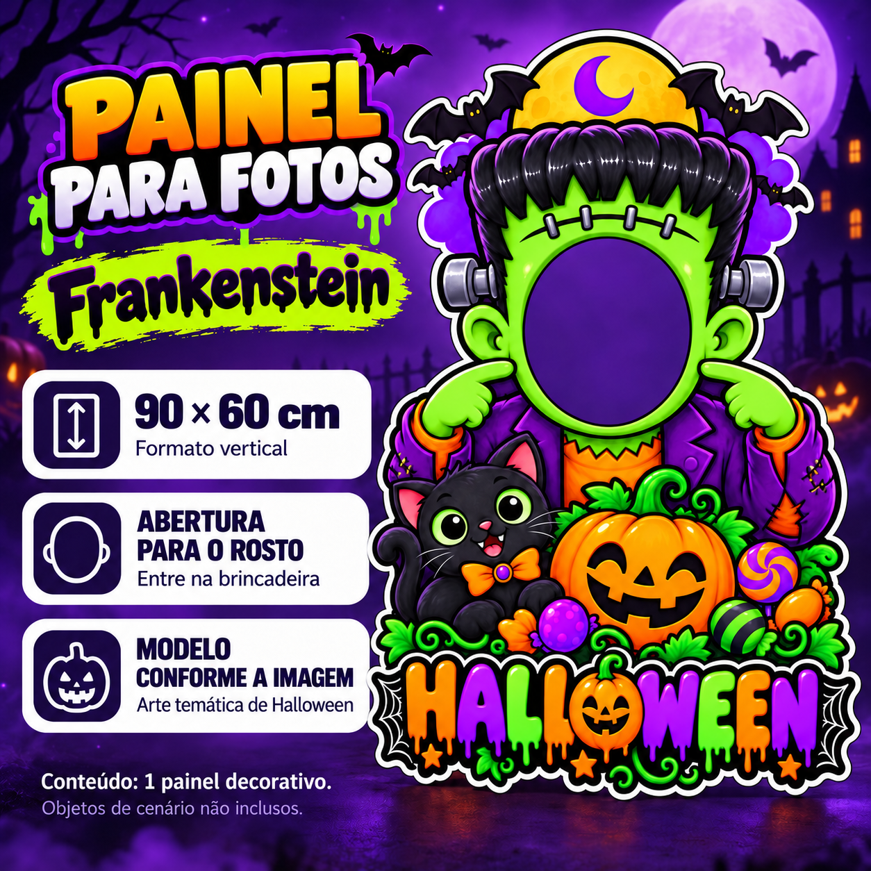 Painel Halloween Frankenstein — Descrição — tamanho ilustrado 90 × 60 cm