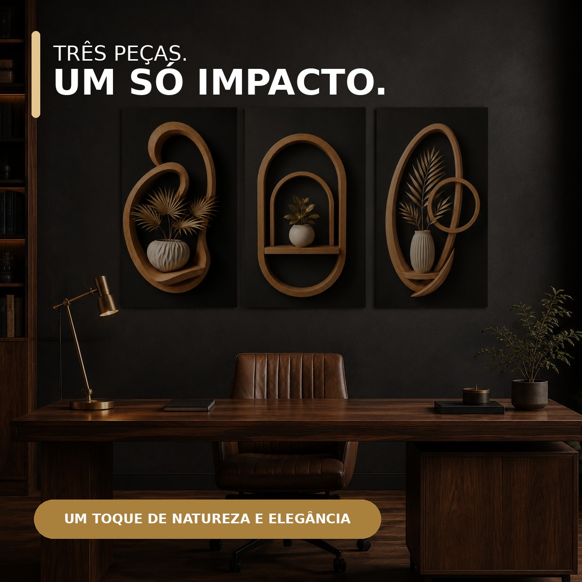 Três quadros Oásis Dourado com destaque para as cores da arte