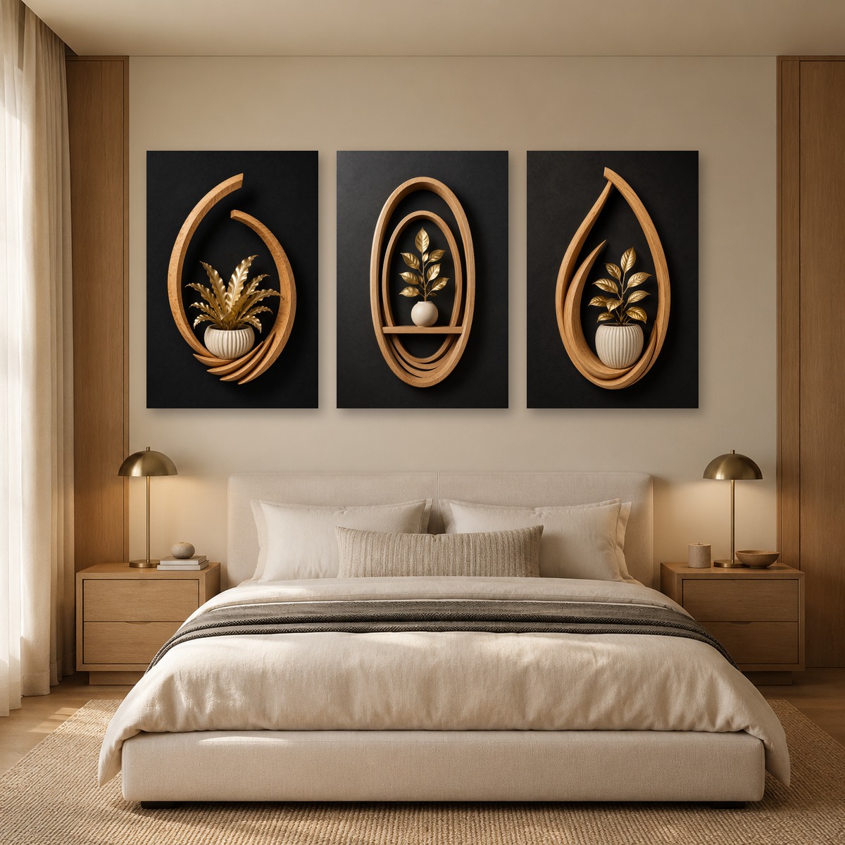 Trio Essência Dourada aplicado em um quarto decorado