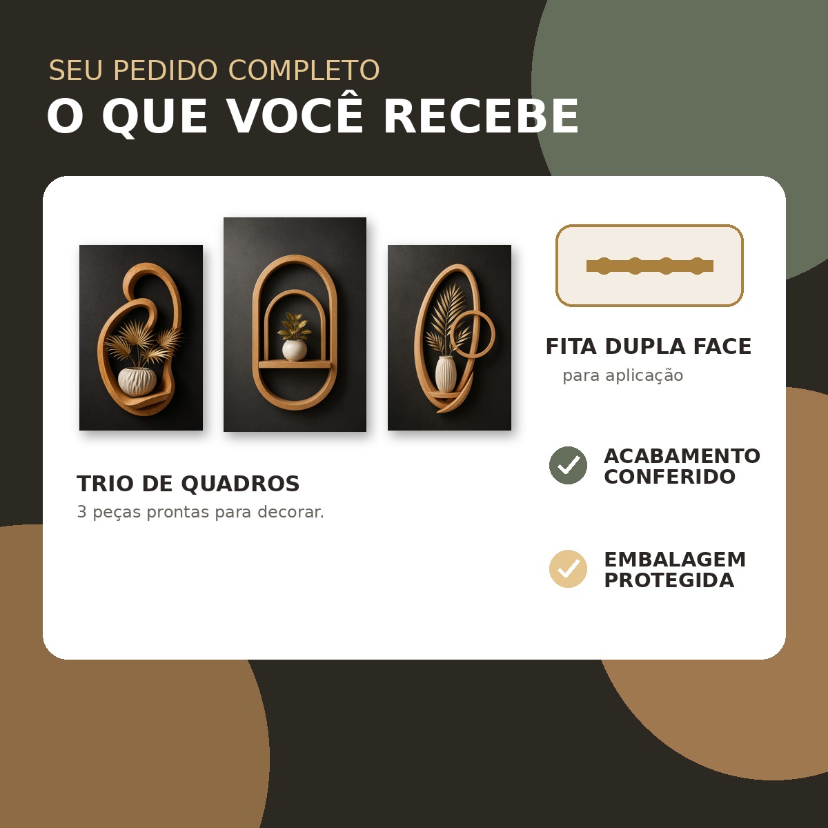 Conteúdo do kit Oásis Dourado: três quadros e fita dupla face