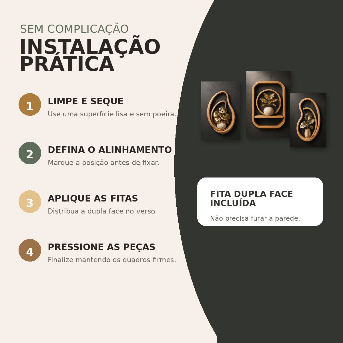 Instruções de aplicação dos quadros Tropical Dourado com fita dupla face