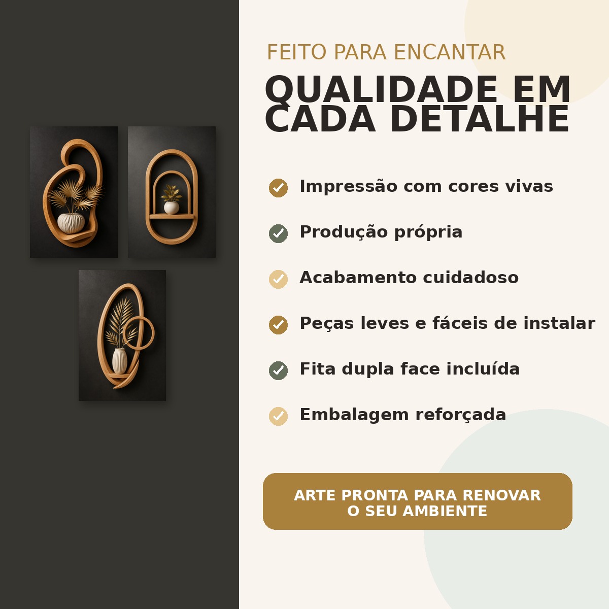 Detalhes de impressão, acabamento e fita dupla face do trio Oásis Dourado