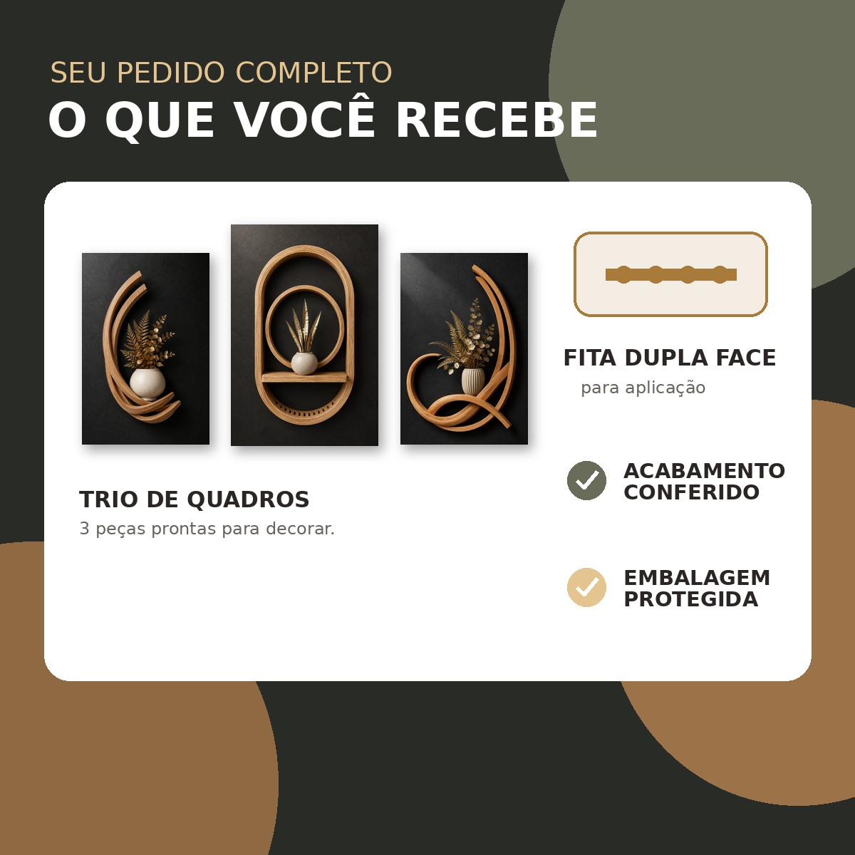 Conteúdo do kit Jardim Imperial: três quadros e fita dupla face
