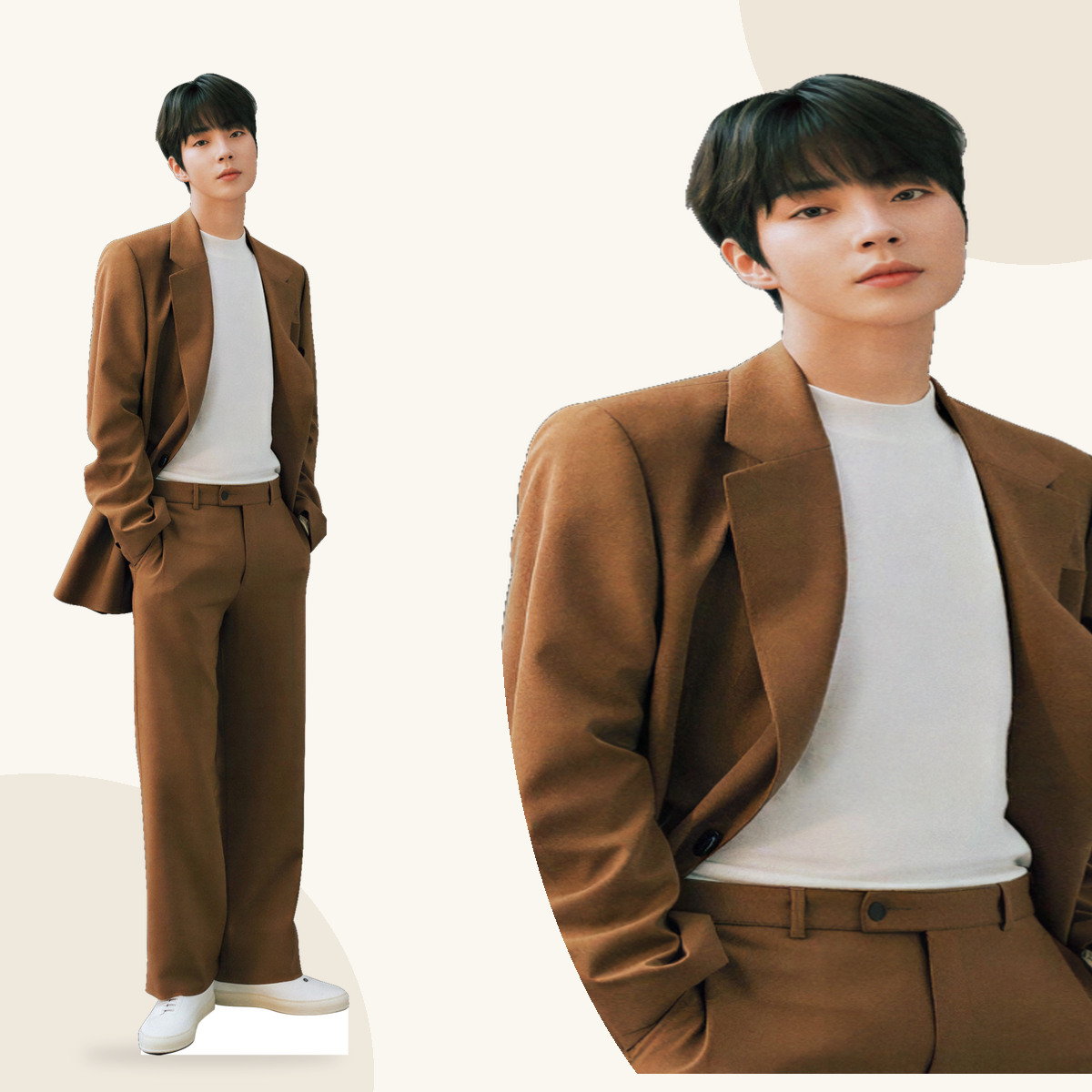 Totem Real Hwang In Yeop Modelo 4 de corpo inteiro em traje marrom e detalhe ampliado do rosto