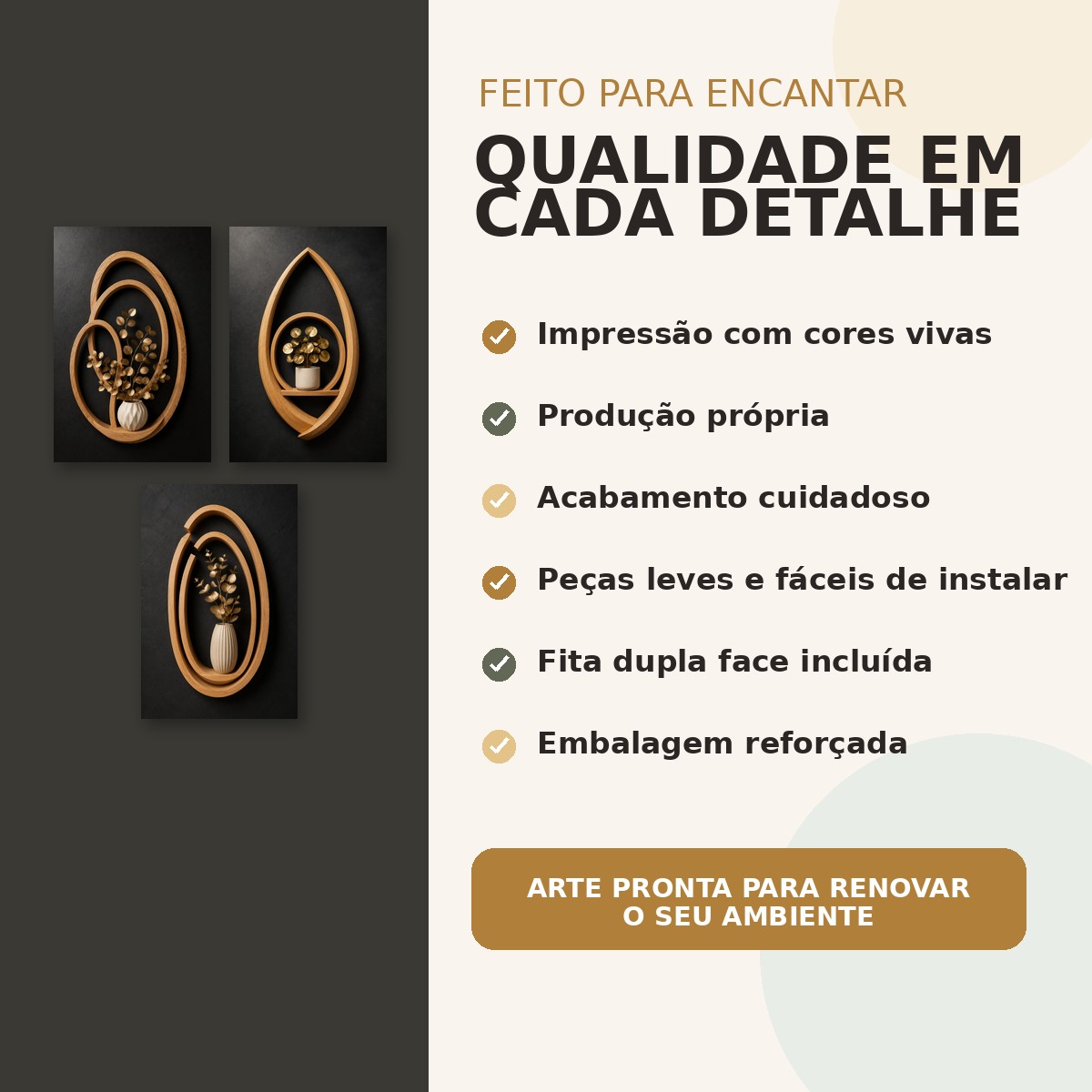 Detalhes de impressão, acabamento e fita dupla face do trio Harmonia Dourada