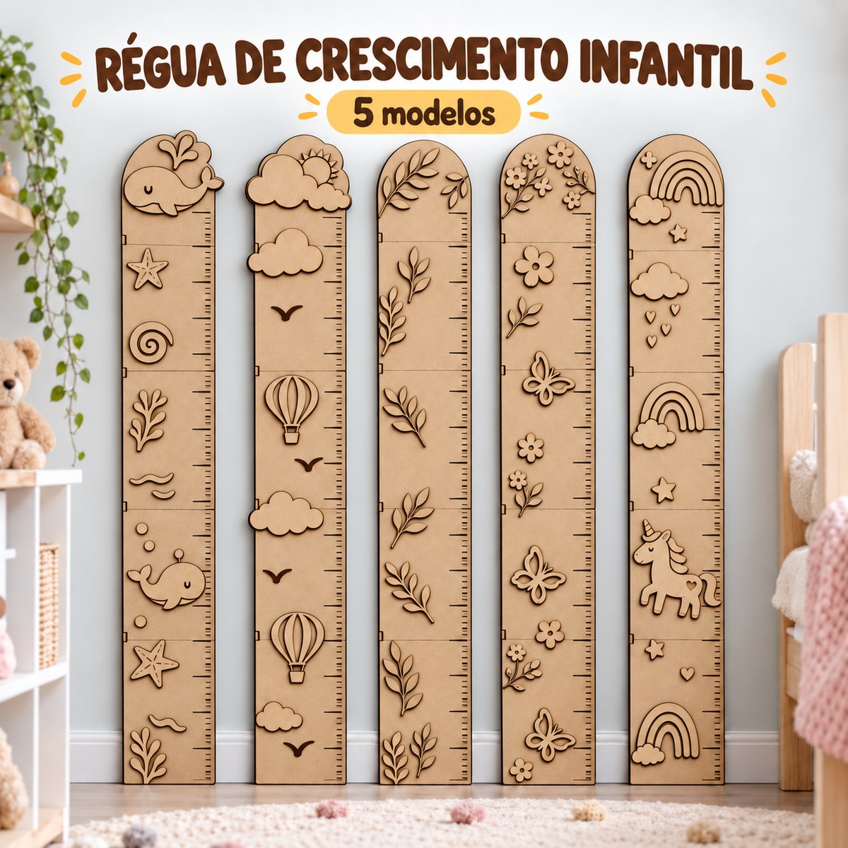 Cinco modelos de régua de crescimento infantil em MDF natural: baleia, balões, folhagens, borboletas e unicórnio