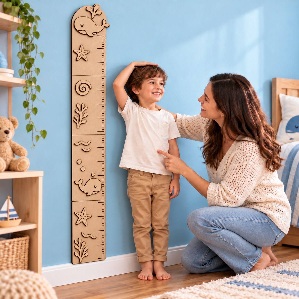 Régua infantil modelo Baleia em MDF natural aplicada à parede de um quarto infantil