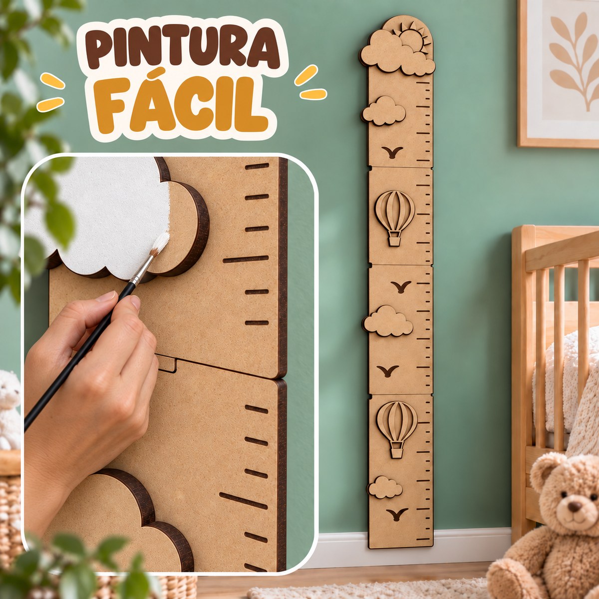 Régua de crescimento infantil modelo Unicórnio em MDF natural no quarto de uma criança