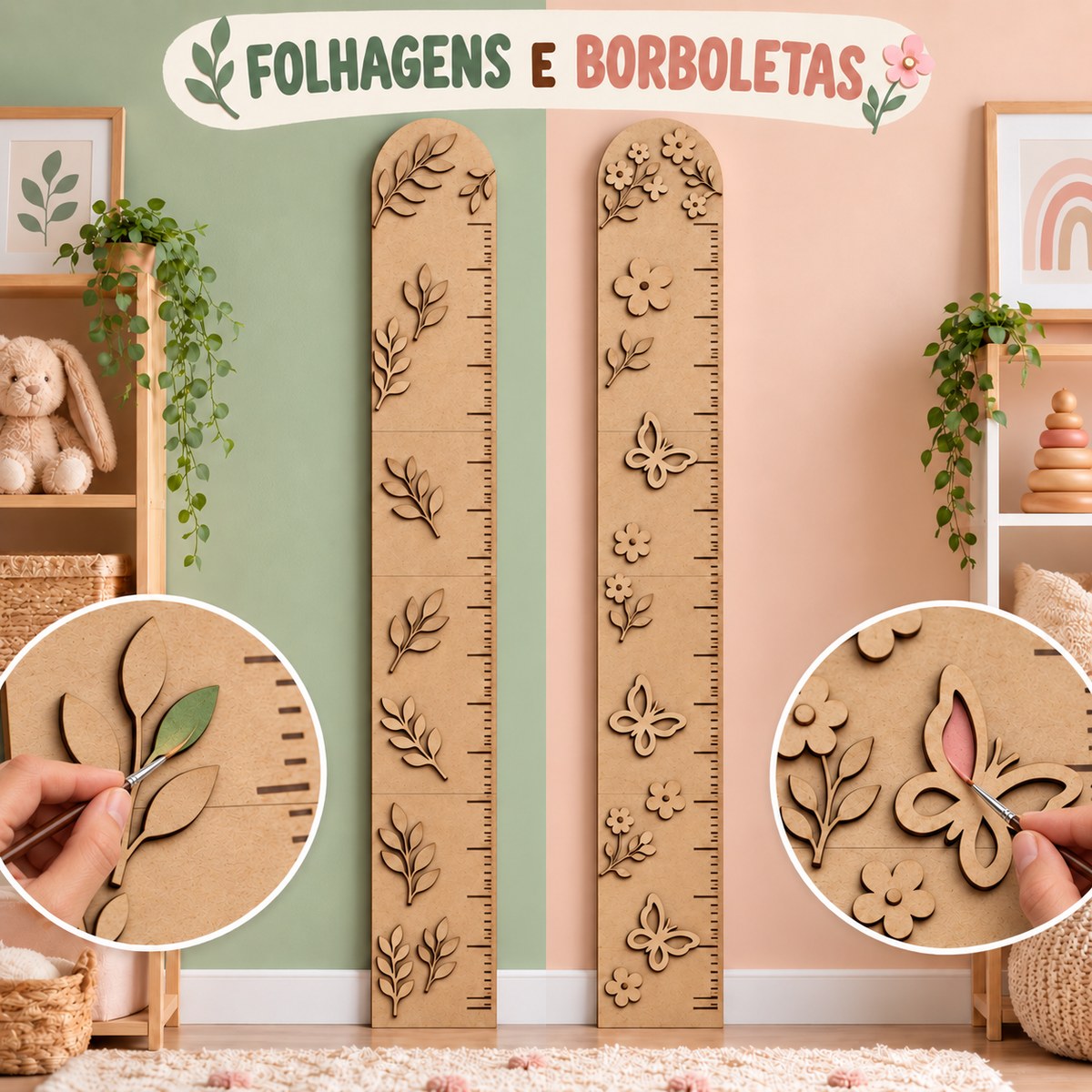 Régua de crescimento modelo Balões com detalhe das peças de MDF montadas e bordas do corte a laser