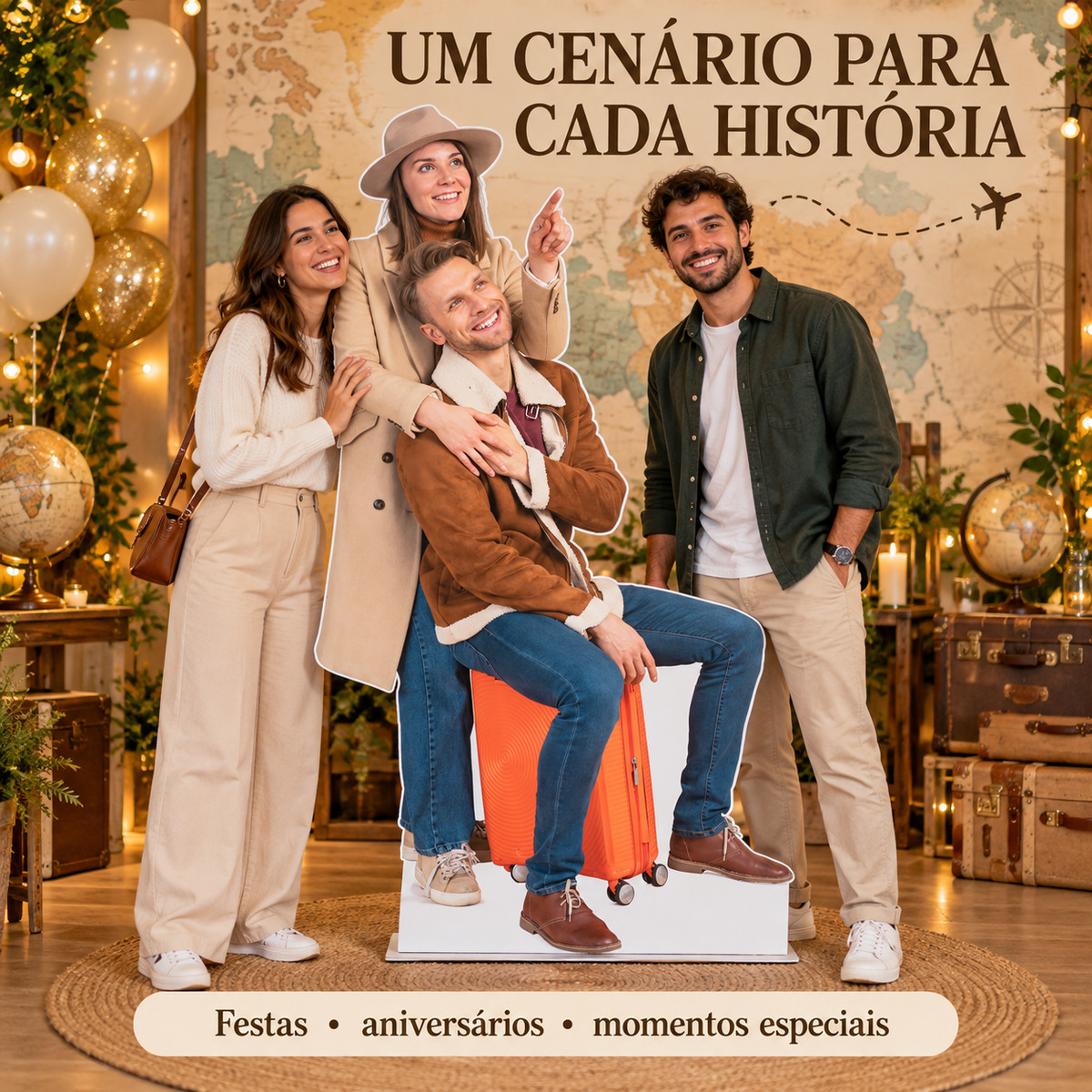 Totem personalizado para casal em cenário de viagem