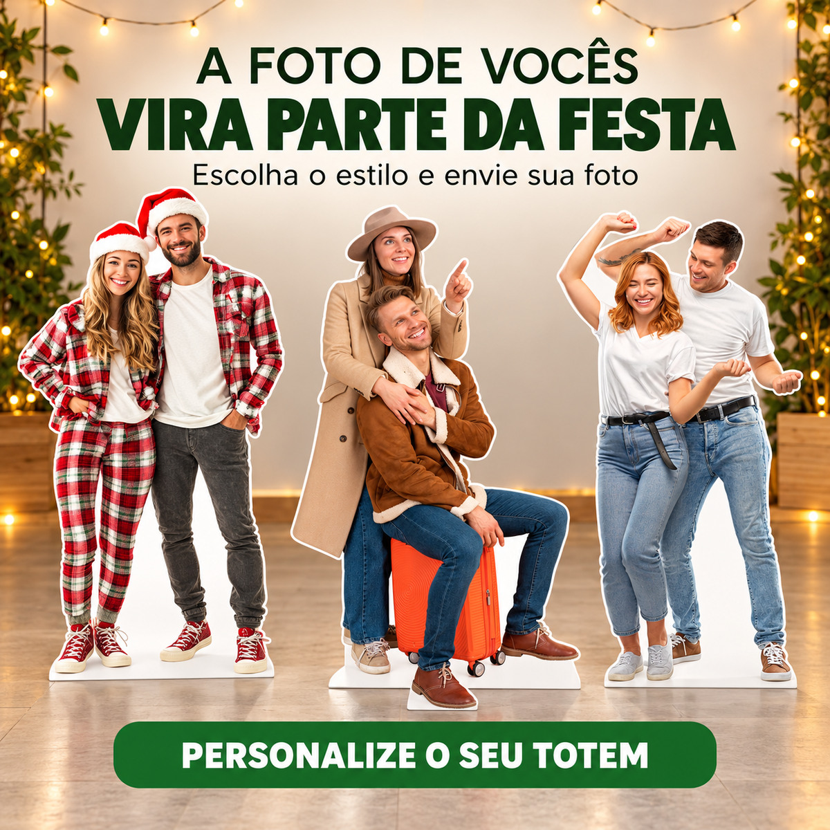 Totem de casal personalizado com chamada para enviar sua foto