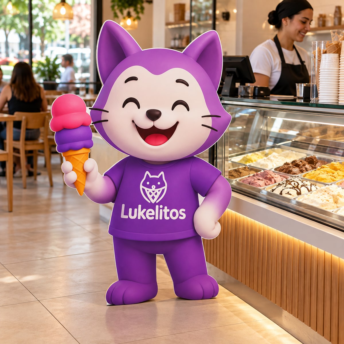 Simulação do totem físico Personagem Lukelitos aplicado em um ambiente comercial